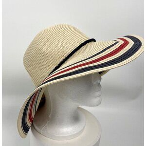 Talbots Womens Hat Striped Paper Straw Wide Brim Summer Sun Beach Hat NWT